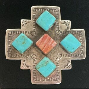 Turquoise and Coral Sterling Silver Pendant